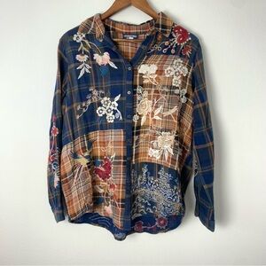 Johnny Was Freja Plaid Floral Embroidered Plaid Mix Oversized Shirt size medium
